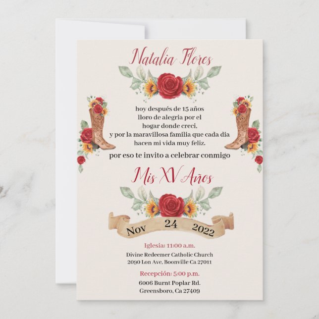 Charro Quinceanera Invitation, Red Roses  (Front)