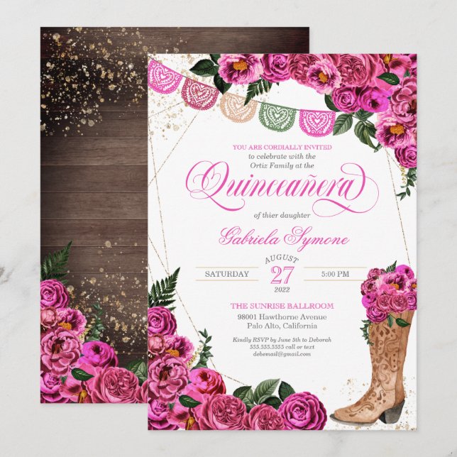 Charro Rustic Cowgirl Boots Pink Rose Quinceañera  Invitation (Front/Back)