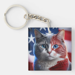 Chartreaux Breed Of Cat With U.S.Flag Background Keychain
