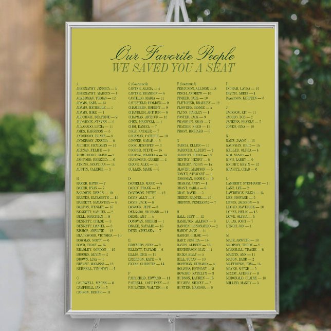 Chartreuse Alphabetical Wedding Seating Chart (Chartreuse Alphabetical Wedding Seating Chart)