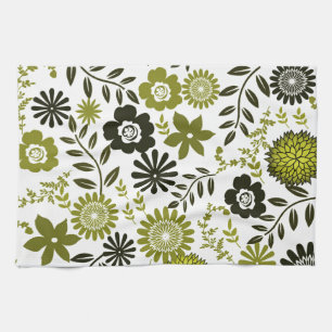 Chartreuse and Dark olive green floral pattern Kitchen Towel