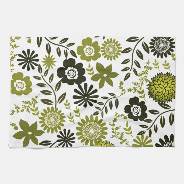 Chartreuse and Dark olive green floral pattern Kitchen Towel (Horizontal)