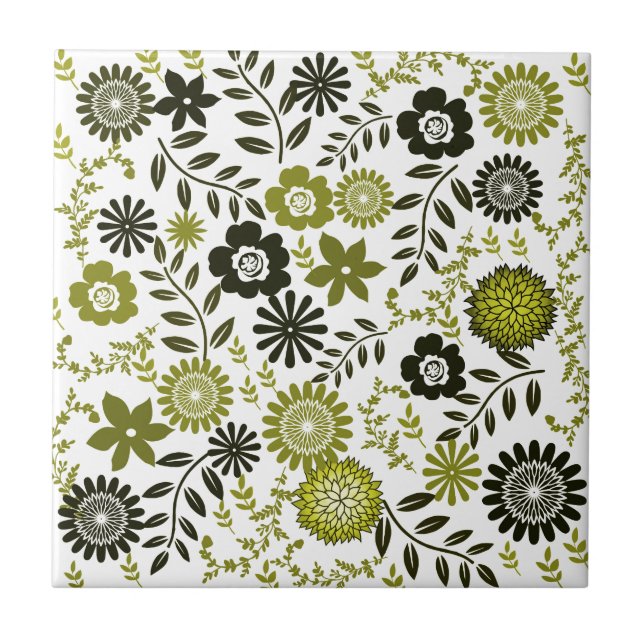 Chartreuse and Dark olive green floral pattern Tile (Front)