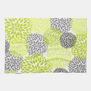 Chartreuse and Gray Floral Kitchen Tea Towel