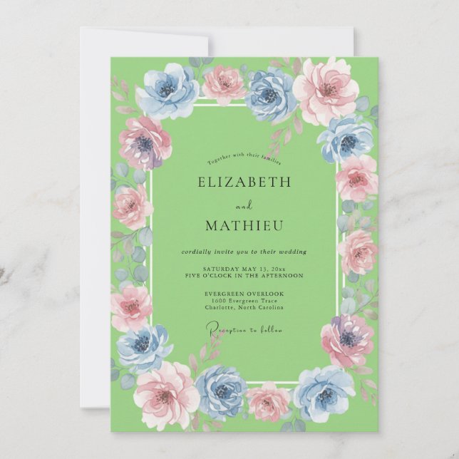 Chartreuse Azure Watercolor Wedding Invitation (Front)