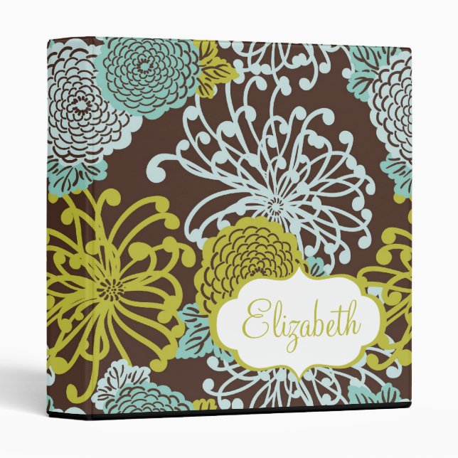 Chartreuse & Blue Flowers Custom Name Binder (Front/Spine)