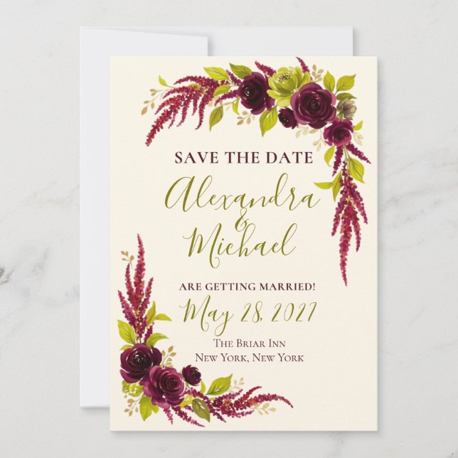Chartreuse & Burgundy Floral Save the Date Card  (Front)