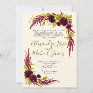 Chartreuse & Burgundy Floral Wedding Invitation