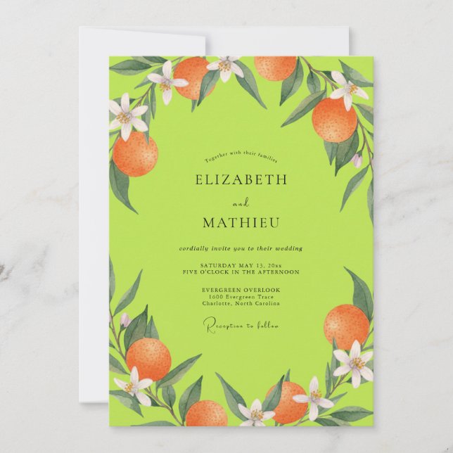 Chartreuse Citrus Orange Eucalyptus Wedding Invitation (Front)