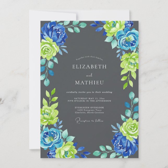Chartreuse Cobalt Petal Wedding Invitation (Front)