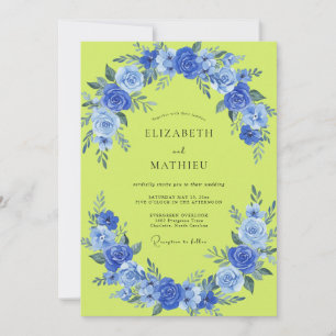 Chartreuse Cobalt Rose Wedding Invitation