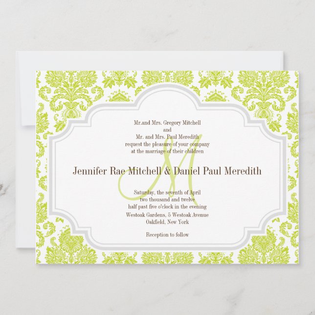 Chartreuse Damask Grey White Wedding Invitations (Front)