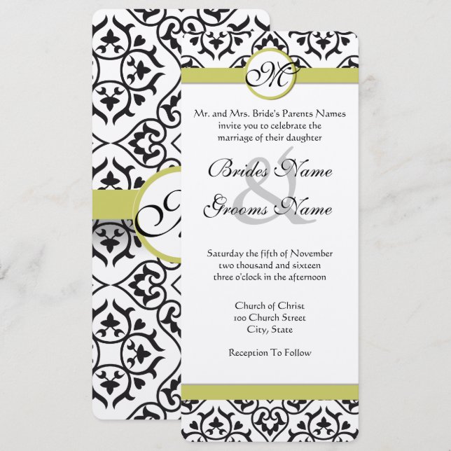 Chartreuse Damask Monogramme Faire-part de mariage (Devant / Derrière)