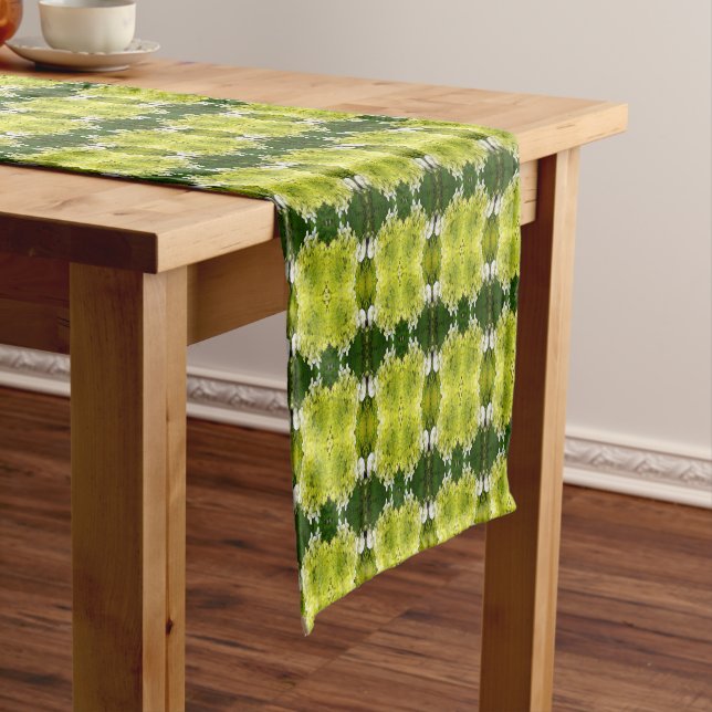 Chartreuse Green Abstract Hydrangea Blooms Pattern Short Table Runner (In Situ)