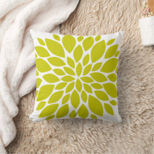 Chartreuse Green and White Floral Burst Throw Pillow