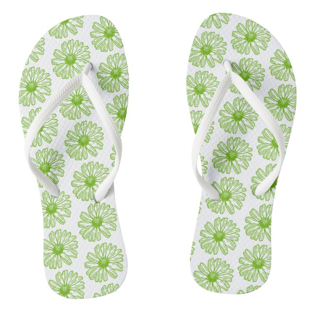 Chartreuse Green Daisy Print, Hippie Flower Print Flip Flops (Footbed)