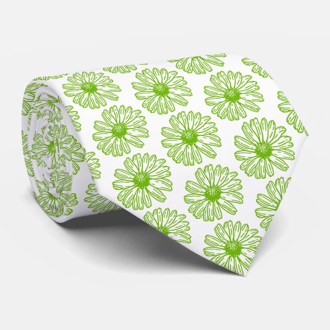 Chartreuse Green Daisy Print, Hippie Flower Print Tie (Rolled)