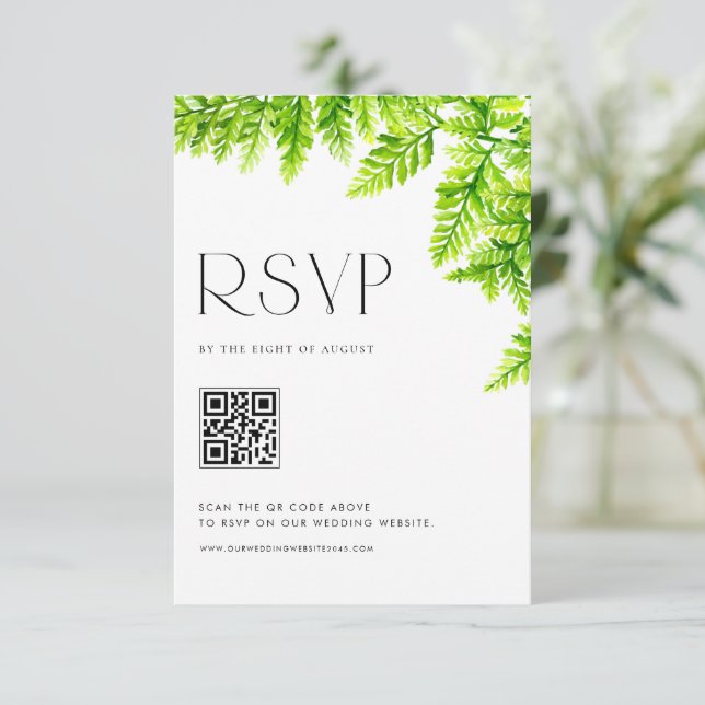 Chartreuse Green Fern Leaves Wedding QR Code RSVP Card (Standing Front)