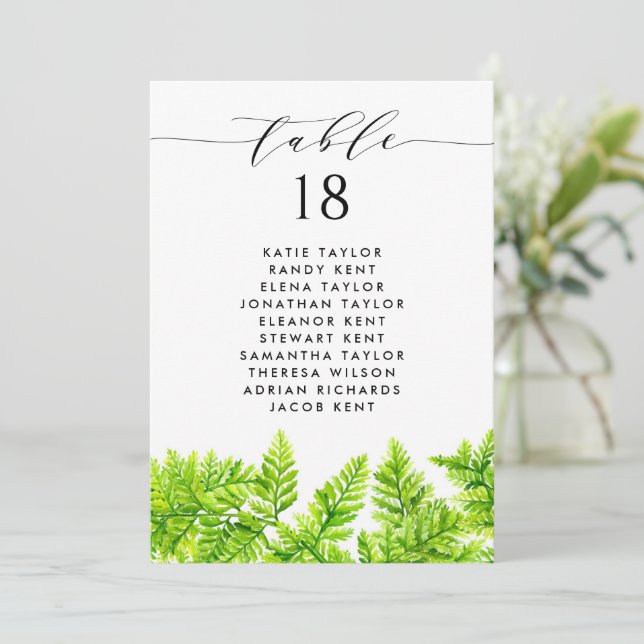 Chartreuse Green Fern Leaves Wedding Table Plan Invitation (Standing Front)