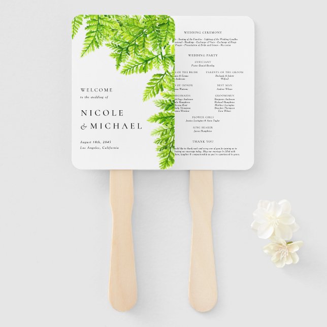 Chartreuse Green Fern Leaves Woodland Wedding Hand Fan (Front and Back)