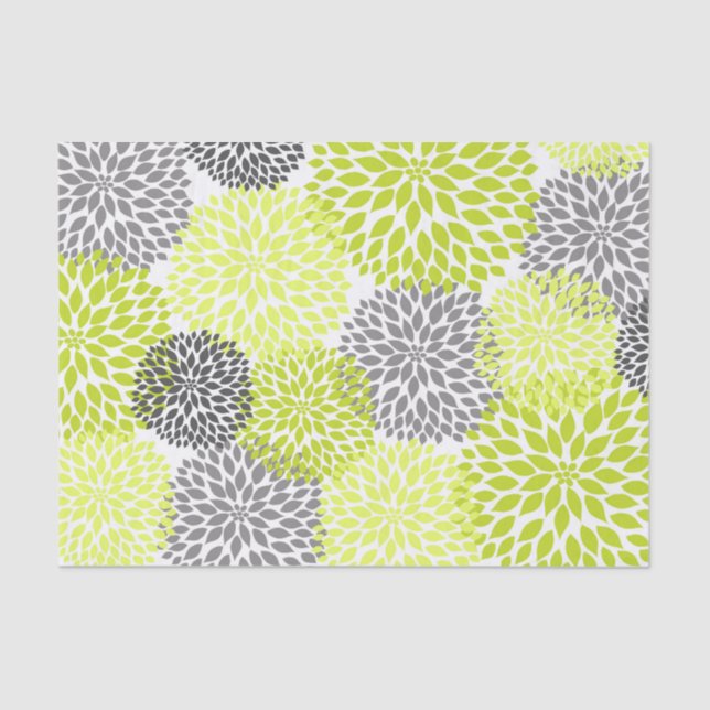 Chartreuse green grey dahlias mums floral tissue paper (Front)