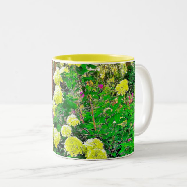 Chartreuse Green Limelight Hydrangea Garden Two-Tone Coffee Mug (Front Right)