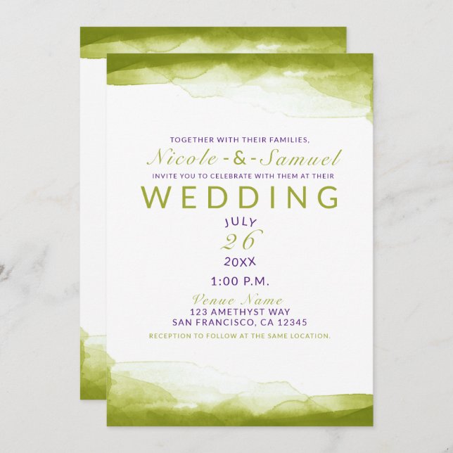 Chartreuse Green Watercolor Chic Modern Wedding Invitation (Front/Back)