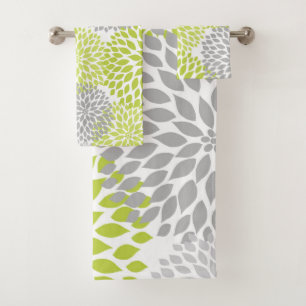 Chartreuse Grey dahlia floral bath decor Towel Set