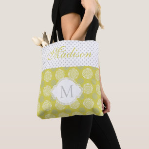 Chartreuse Grey Dots Trendy Initial Monogram Tote Bag