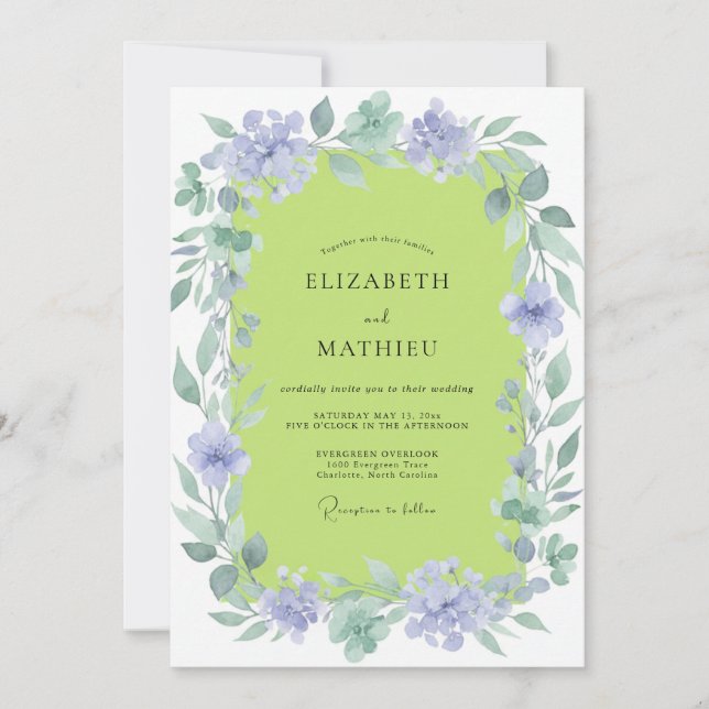 Chartreuse Lilac Wreath Wedding Invitation (Front)