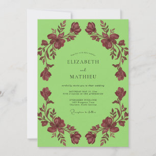 Chartreuse Maroon Wreath Wedding Invitation