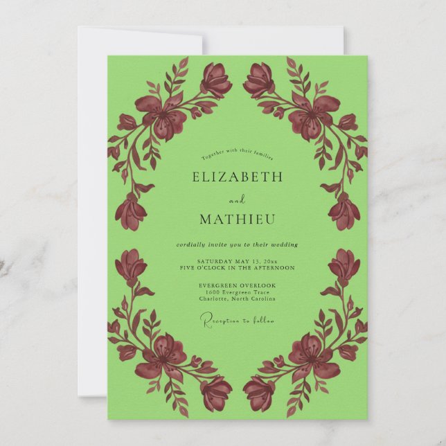 Chartreuse Maroon Wreath Wedding Invitation (Front)