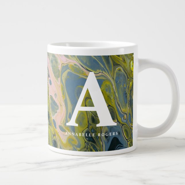 Chartreuse Multi-colour Marble Custom Initial/Name Large Coffee Mug (Right)