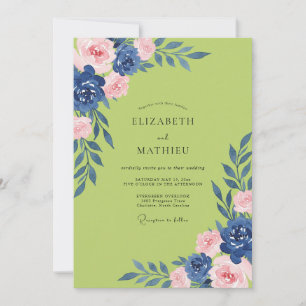 Chartreuse Navy Blossom Wedding Invitation