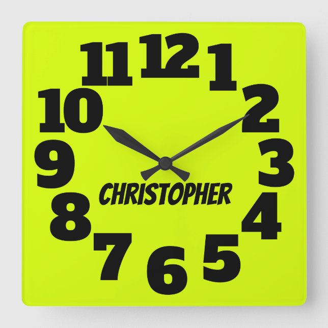 Chartreuse Neon Yellow-Green Big Numbers Square Wall Clock (Front)