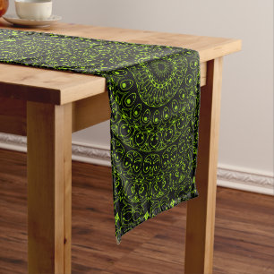 Chartreuse on Black Mandala Kaleidoscope Medallion Long Table Runner