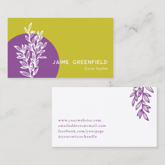 Chartreuse Purple Greenery Line Art Business Card