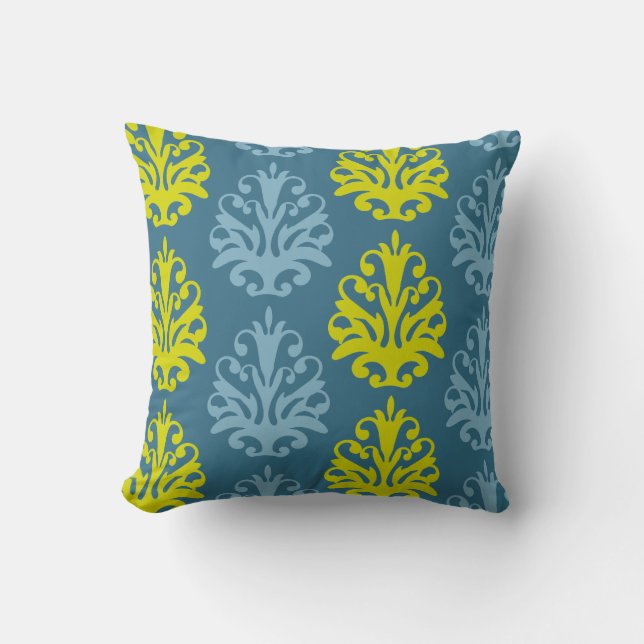 Chartreuse slate blue teal damask throw pillow (Front)