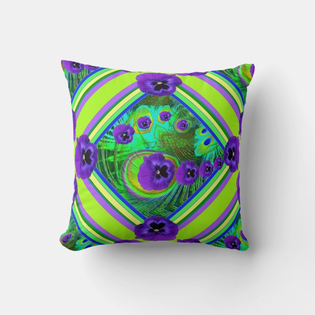 CHARTREUSE SPRING GREEN PURPLE PANSY FLORAL THROW PILLOW (Front)