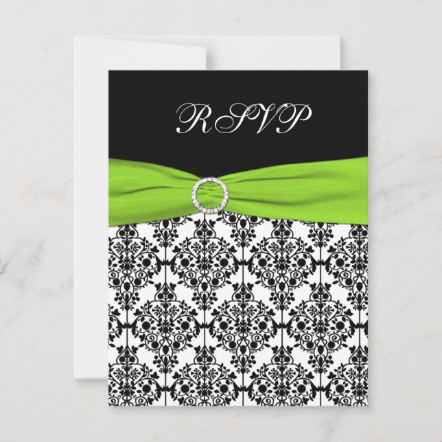Chartreuse, White, and Black Damask Reply Card (Front)
