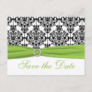 Chartreuse, White, Black Damask Save the Date Card