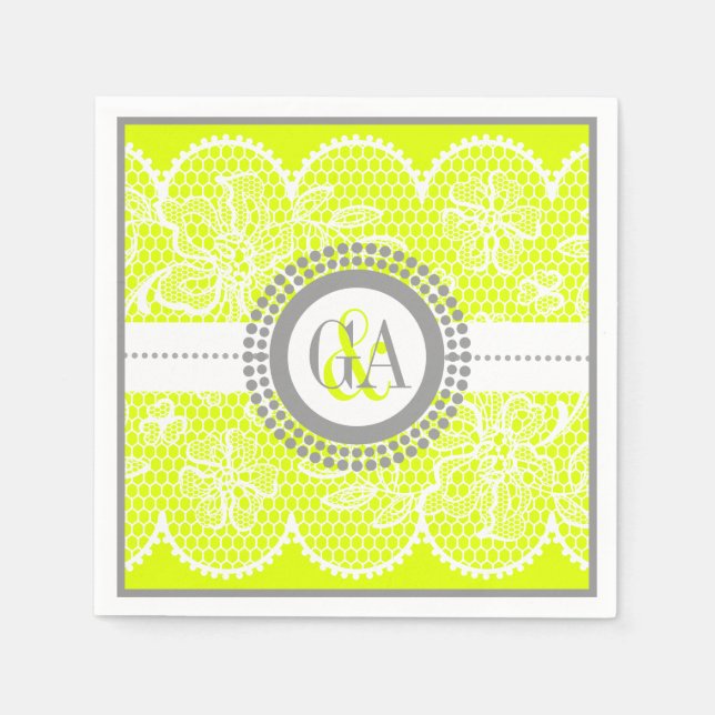 Chartreuse, white lace pattern wedding napkin (Front)