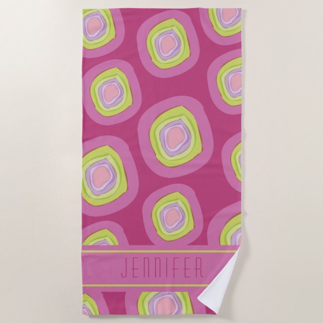 Chartreuse Yellow Pink Circles Pattern Name Beach Towel (Front)