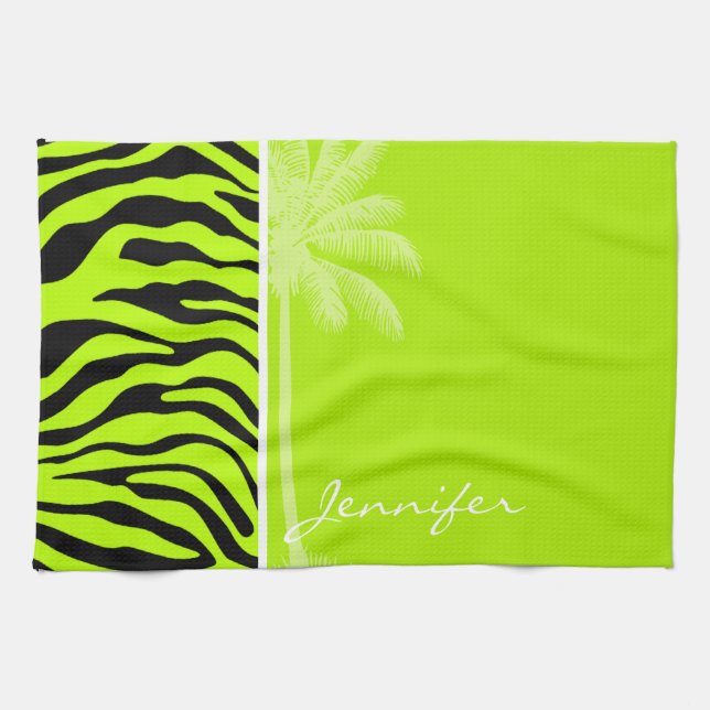Chartreuse Zebra Stripes Animal Print; Palm Kitchen Towel (Horizontal)