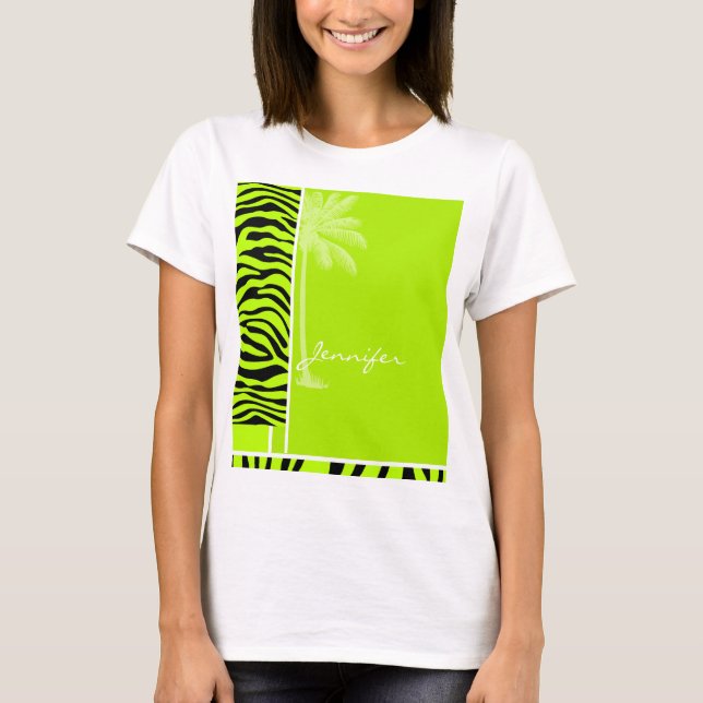 Chartreuse Zebra Stripes Animal Print; Palm T-Shirt (Front)