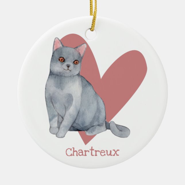 Chartreux Cat Watercolor Kitty Pink Heart Ceramic Ornament (Front)
