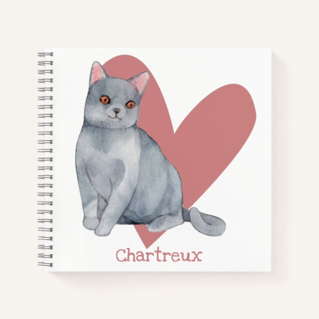 Chartreux Cat Watercolor Kitty Pink Heart Journal (Front)