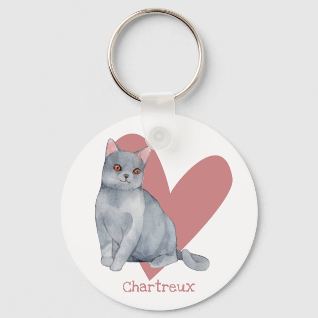 Chartreux Cat Watercolor Kitty Pink Heart Keychain (Front)