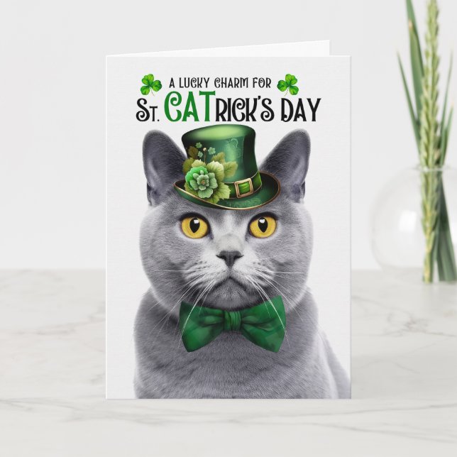 Chartreux Grey Cat St CATrick's Day Lucky Charm Holiday Card (Front)