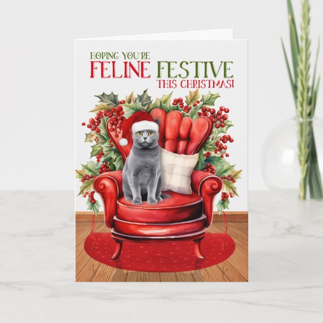Chartreux Grey Christmas Cat FELINE Festive Holiday Card (Front)